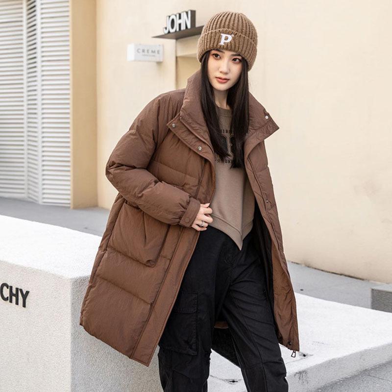 Medium and long pocket design stand-up neck down jacket women's thickened white duck down high-end casual and thin warm jacket tide