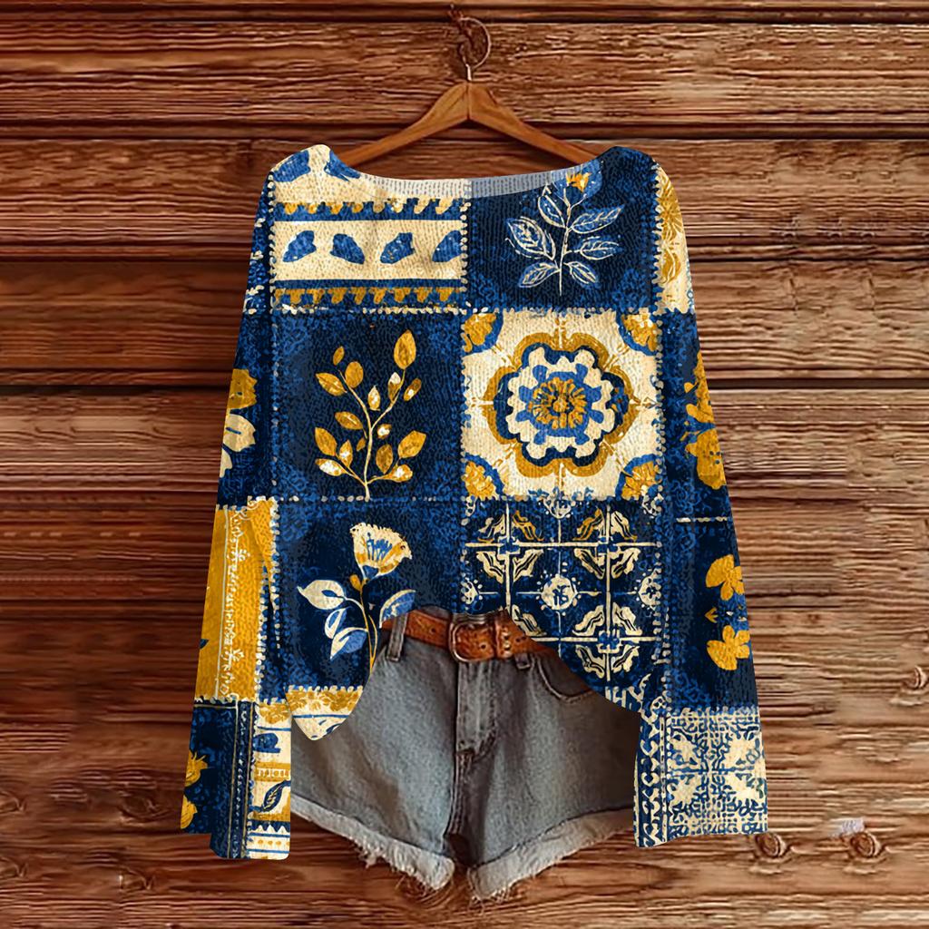 Women's Lightweight Sweater Casual Long Sleeve Knitted Vintage Floral Print Pullover