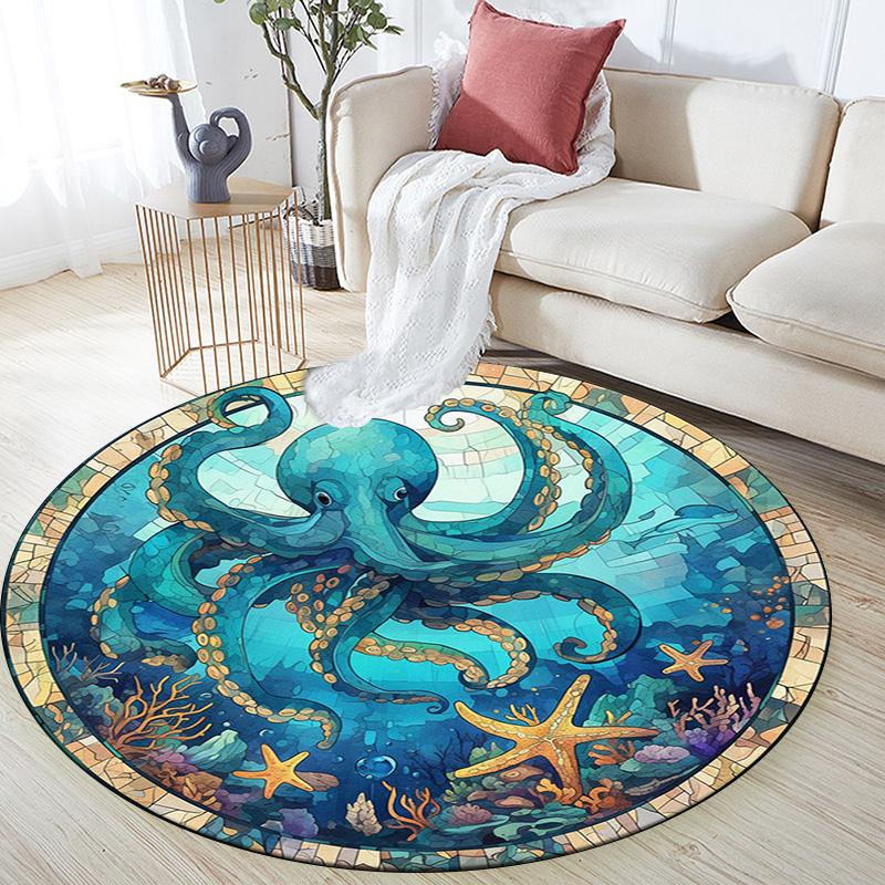 Octopus and Starfish Round Area Rug,Carpet Rug for Living Room Bedroom Sofa Playroom Decor,Non-slip Floor Mat
