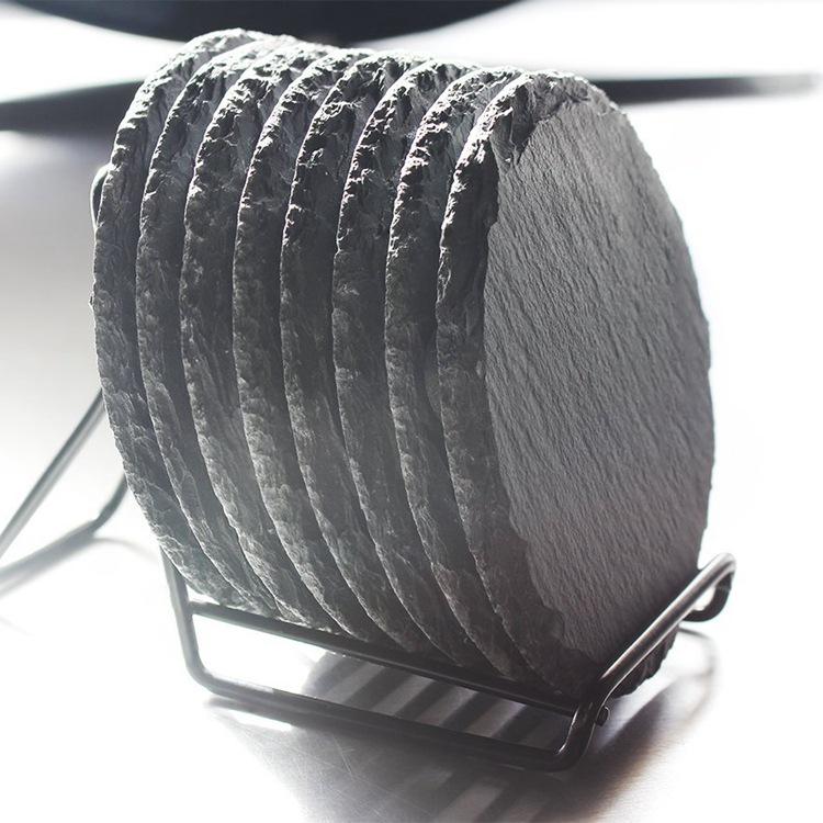 Black Round Slate Coasters: Stone Heat-Resistant Mats for Cups & Tea Trays