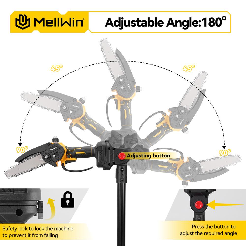 MELLWIN Perche télescopique 200cm Électrique sans balais Tronçonneuse 6 pouces Cisailles pour hautes branches Outil de jardinage pour batterie 18V 21V
