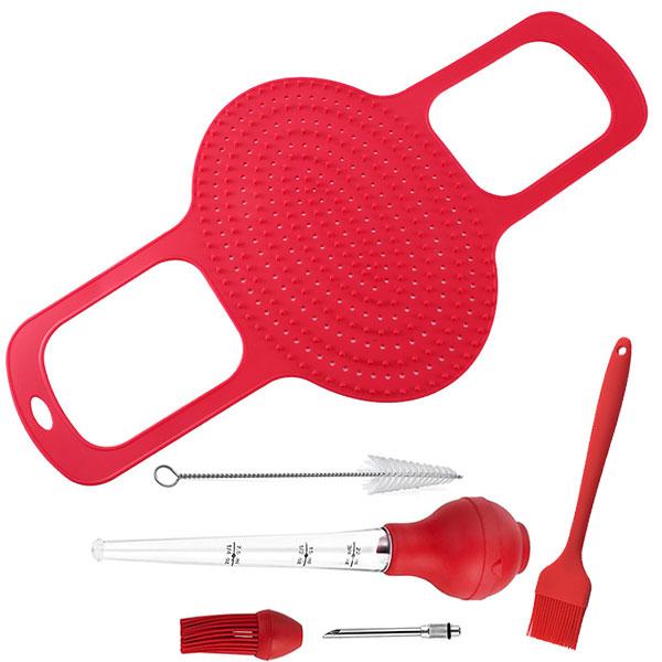 

3PCS Chicken Turkey Lifter Set with Turkey Baster and Oil Brush Silicone Reusable Non Stick Turkey Meat Lifter Mat Baking Pan