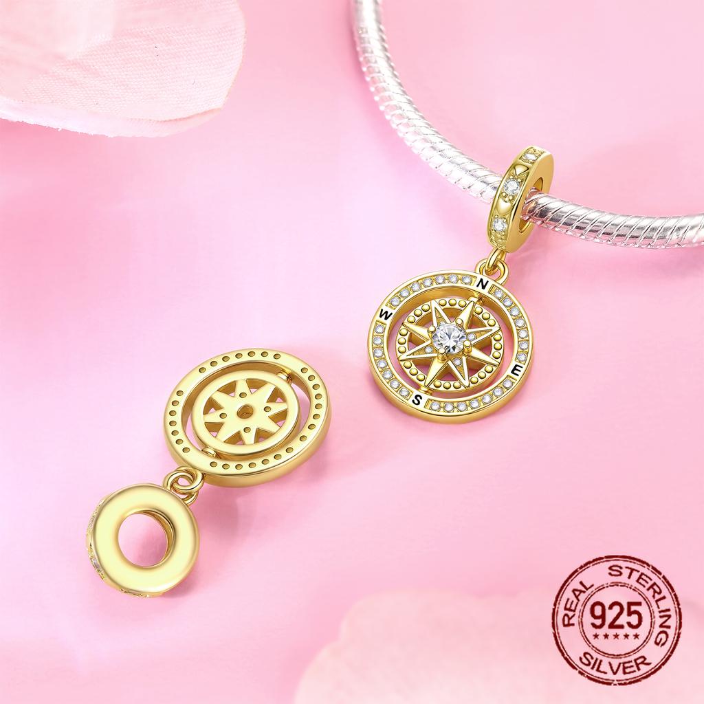 copper Gold Plated Round Compass Sun Zircon Drop Pendant Charm Compatible With Authentic Charm Bead Charms Bracelets Women Do It Yourself Jewellery Gi