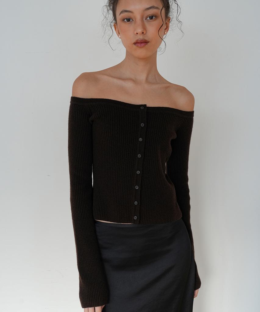 Jaejeudeu Off-Shoulder Cardigan_Brown