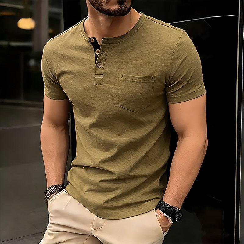 

Men s Summer Solid Color Pocket T-Shirts Button Henry Collar Casual Daily Office Short Sleeve Top Tees Hip Hop Streetwear Tee L армия зеленый