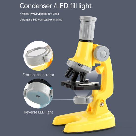 1 Set Adjustable Focus LED Fill Light Optical PMMA Lens High Multiple Student Microscope 100X/600X/1200X Handheld Optical Microscope Kit Laboratory