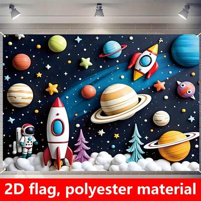 2D Galaxy Kids Tapestry, Colorful Planets, Rocket & Astronaut Wall Decor
