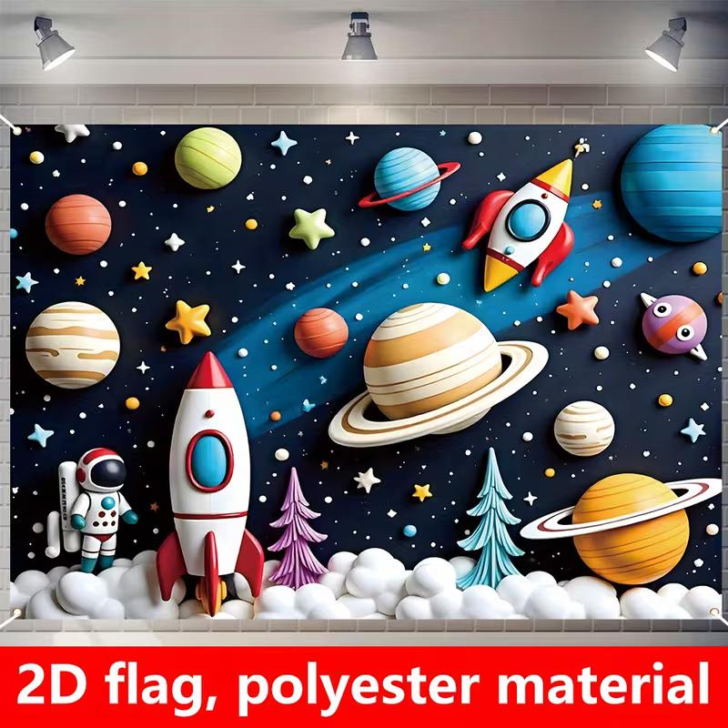 2D Galaxy Kids Tapestry, Colorful Planets, Rocket & Astronaut Wall Decor 47.2x31.5inch/120*80cm