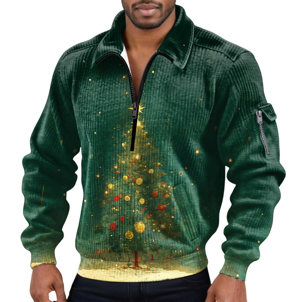 Men's Solid Color Corduroy Zipper Neck Long Sleeve Top Men's Casual Lapel Top