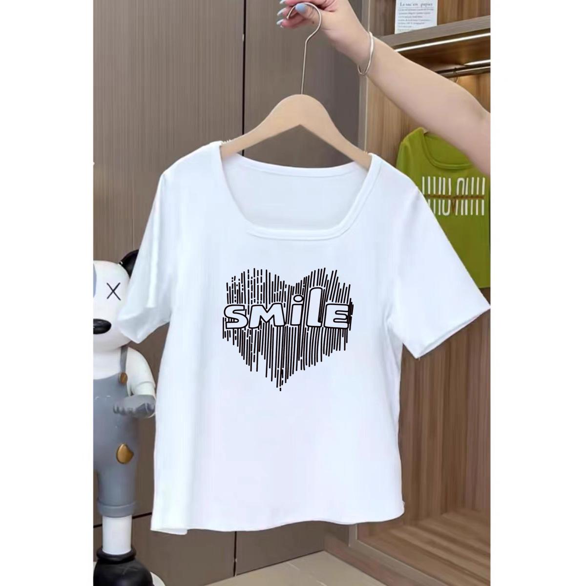

Large size 2025 summer new loose belly covering square neck short sleeve T-shirt women s fat mm front shoulder thin foreign style top M [80-60kg]