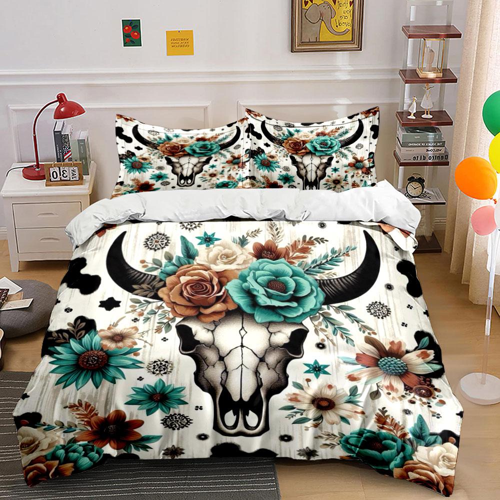 Floral Skull Western Bedding Set Bedding Duvet Cover Set Duvet Cover Pillowcases (1 * Duvet Cover 2 * Pillowcases, Without Duvet Insert)