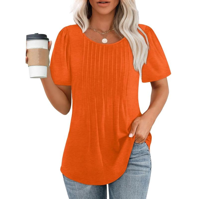 Lockeres neues plissiertes Rundhals-Kurzarmhemd Damen Oberteil, Gestreift Uni Farbe Damenbekleidung