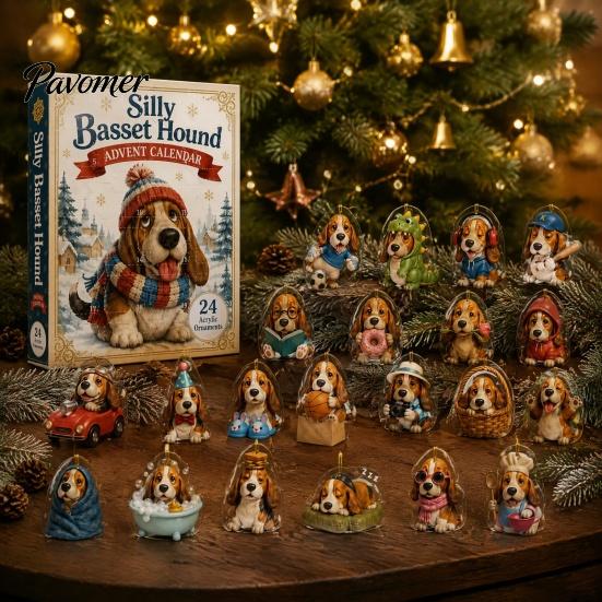Christmas Tree Hanging Decor Dog Advent Calendar, 24Pcs Acrylic 2D Pet Ornament Set with Calendar Box String, Countdown Decor, Gift for Lovers