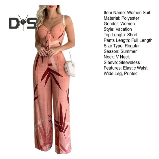 2 Pcs/Set Women Vacation Outfit V Neck Backless Sleeveless Camisole High Waist Wide Leg Printed Pants Set Beach Crop Top Trousers Set Resort Wear