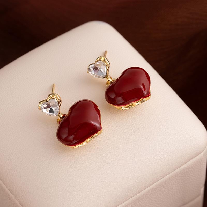 Ankola Red Oil Dripping Love Stud Earrings Retro Hong Kong Style High-End Earrings Women'S New Festive Fashion Earrings