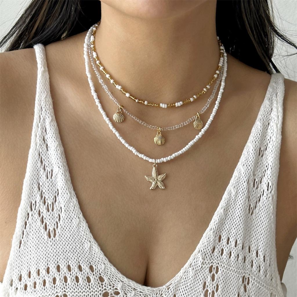 Mehrschichtige Keramik Seestern Muschel Schnecke Seepferdchen Quaste Halskette Für Frauen Männer Imitation Perlen Choker Sommer Ozean Strand Schmuck