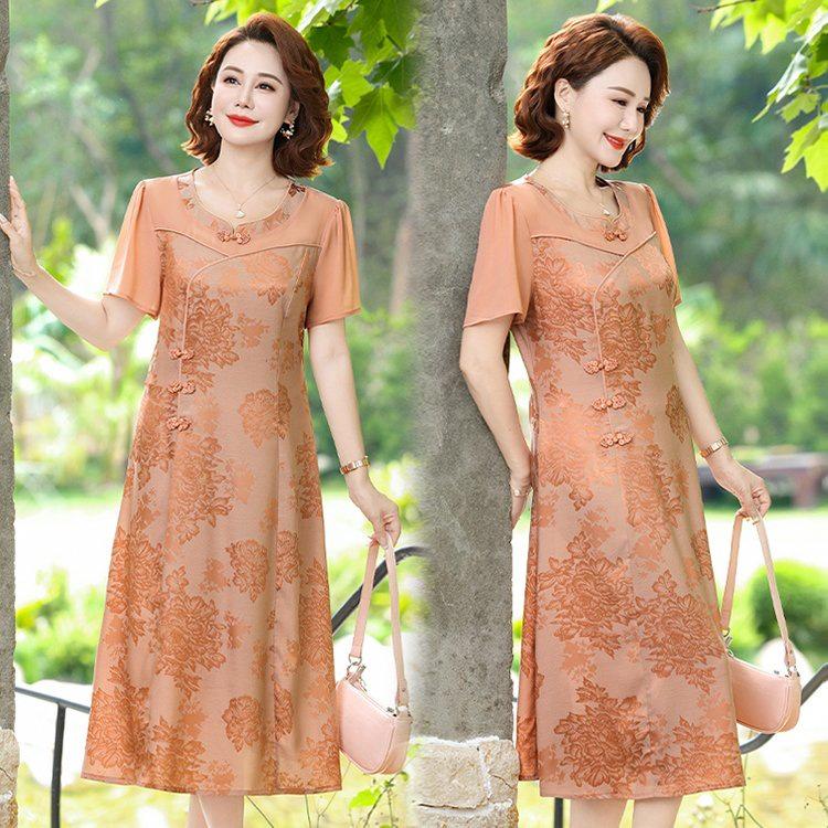 2026 Chinese National Style Chiffon Dress: Elegant Floral Print Summer Dress for Middle-aged Women