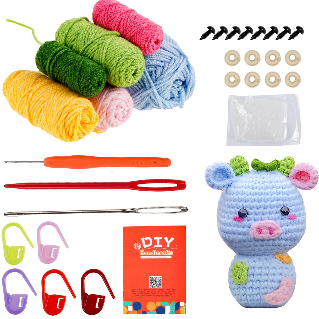 Starter Crochet Kit Cat/Pig Crochet Knitting Kit Complete Crochet Beginners Set DIY Crochet Animal Kits with Yarn Crochet Hooks