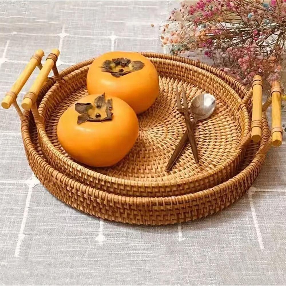 Handwoven Handmade Rattan Tray with Handles Round Shape Food Storage Basket Large Capacity Eco-Friendly Kitchen Organizer Tray