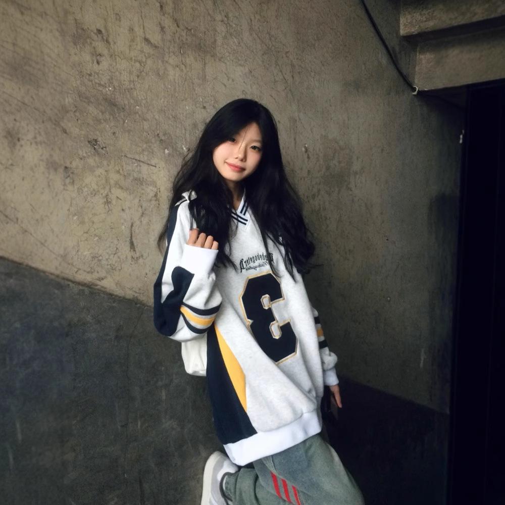 

Women s Lazy Style V-neck Color Block Oversize Sweatshirt - Autumn/Winter 2XL темно-синий