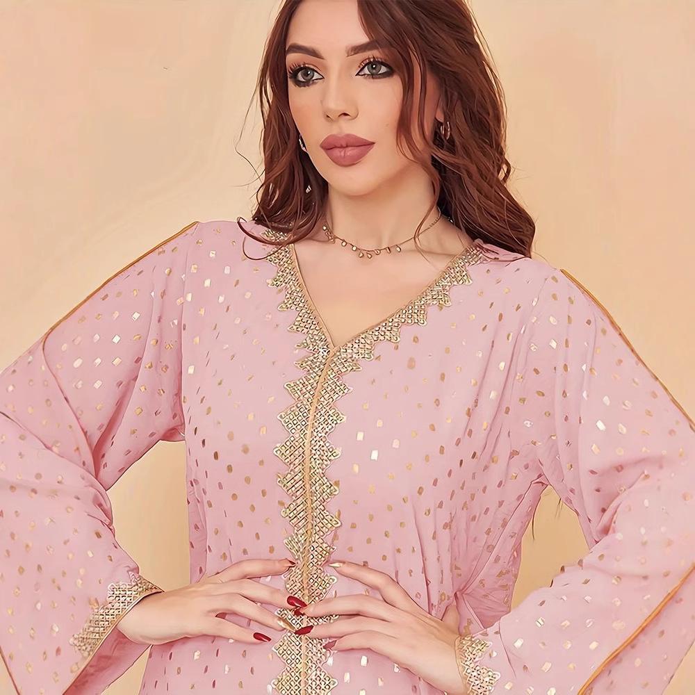 Elegant 2025 Dubai Dress: Gold Stamped Robe for Women from Middle East, Indonesia, Turkey