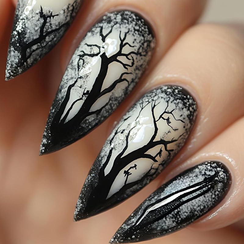 Halloween Press on Nails Medium Almond Fake Nails with Designs Cute Ghost Stick on Nails Rainbow Swirl False Nails Bat Acrylic Nails Cobweb