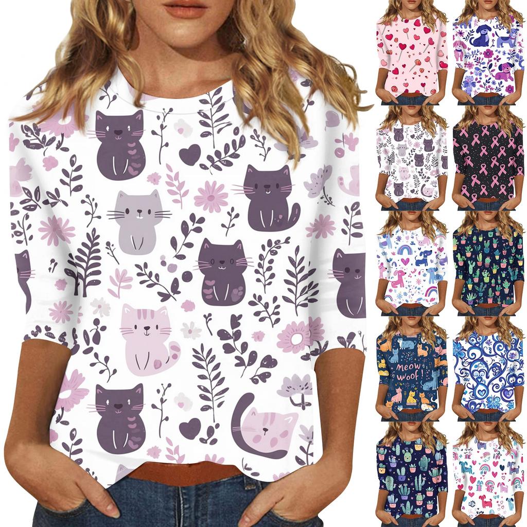 Dámská móda volný ležérní top s kulatým výstřihem se sedmi rukávy