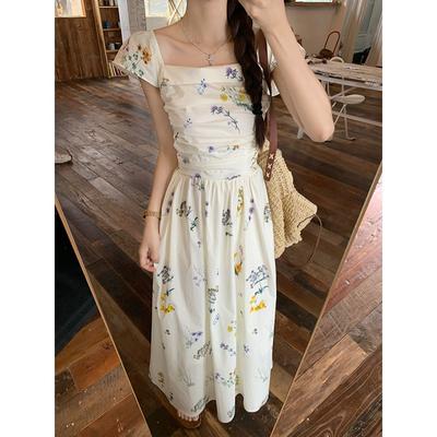 Xiaofei Sleeve Square Neck Floral Dress Children's Summer New Seaside Vacation Coffee Break French Temperament Long Dress