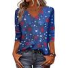 Women's Fashionable Casual Independence Day American Flag and Stars Print V-Neck Three-Quarter Sleeve T-Shirt Top