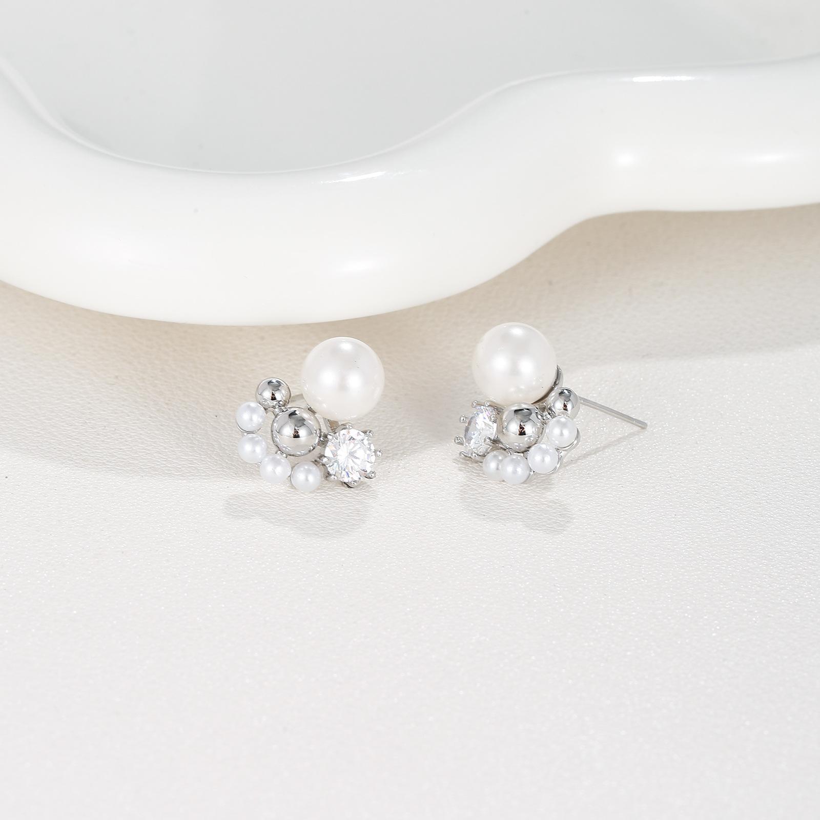 Stud Earrings for Women 925 Silver Post 14K Gold Plated Brass CZ Pearl Cluster Hypoallergenic Party Gift OEM
