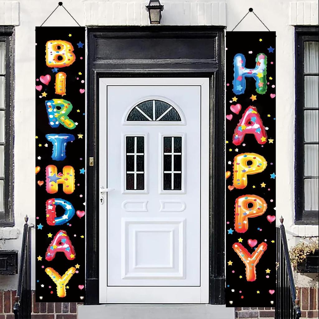 2PCS Happy Birthday Porch Hanging Banner Porch Sign Colorful Balloon Letters Party Decorations Birthday Party Supplies Door Banner Wall Hanging for