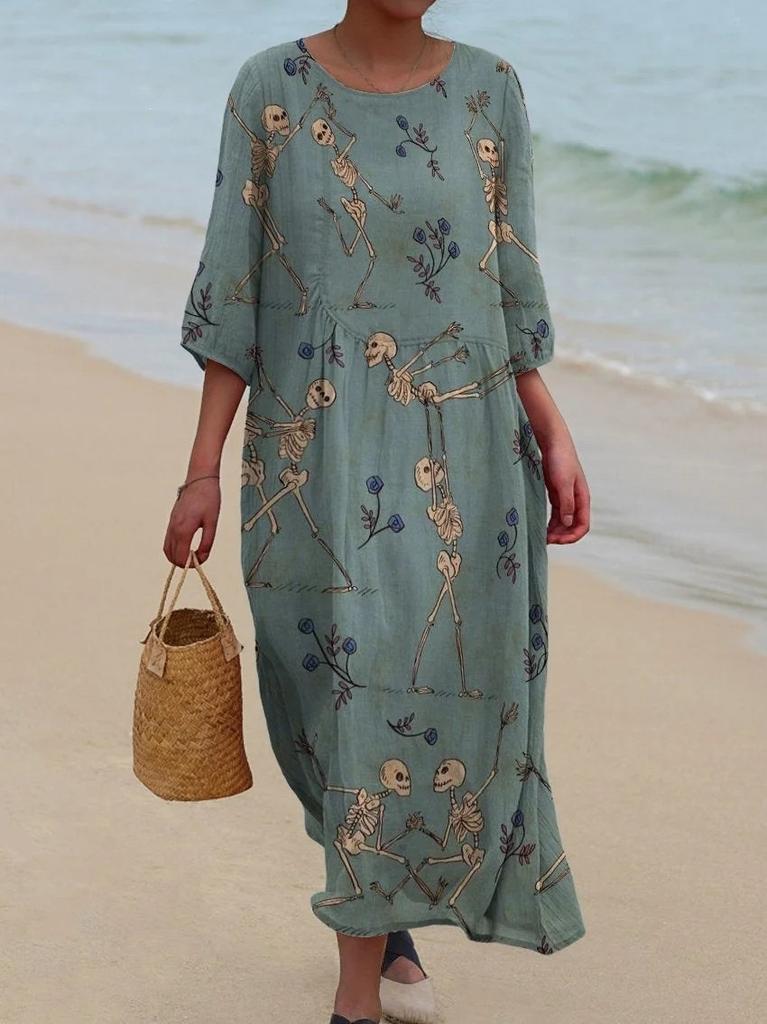 European and American New Large-size Dress Women's Clothing Seaside Vacation Printed Loose Long Dress