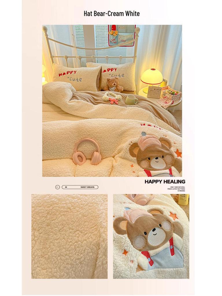 Cartoon Chenille Embroidered Lambswool Fleece Bedding Set - Duvet Cover & Bed Sheet