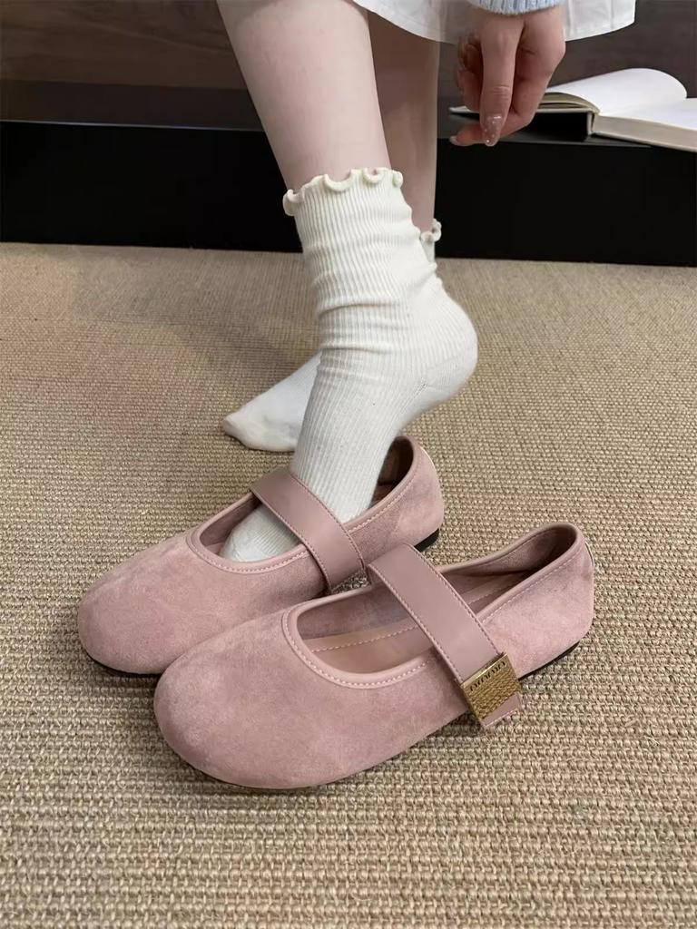 2025 Spring New Suede Red Light Mouth Single Shoes Female Retro Gentle Fairy Style Casual Soft Flat Bottom with Skirt