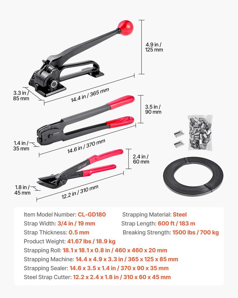 Steel Banding Strapping Kit, Heavy Duty Banding Sealer Tool with 183 M Binding Straps, 300 Metal Seals, Manual Pallet Packaging Strapping Kit for