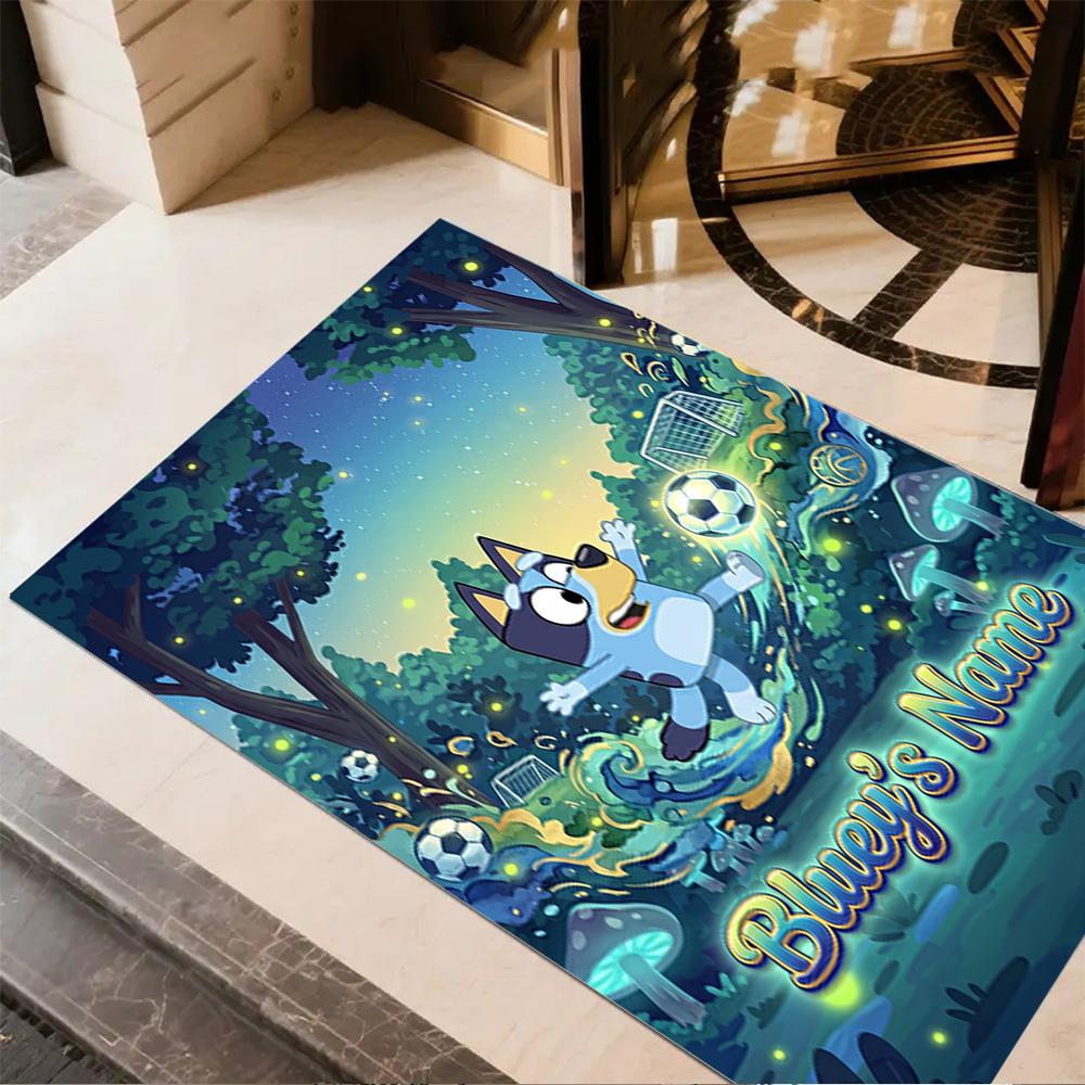 Bluey's Soccer Fun Customizable Name Carpet Design for Outdoor Balcony Hallway Decorate room Anti-slip Rug Anime Office Decor