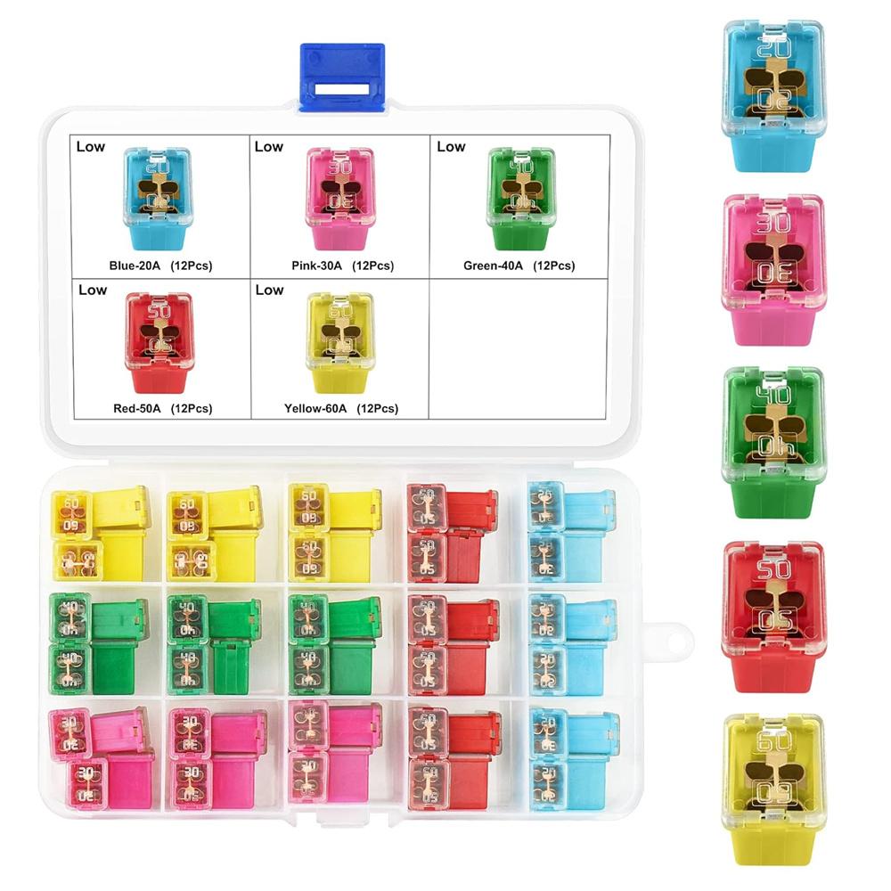 60pcs Jcase fuse Low Profile Box Shaped Fuse Kit - Cartridge Fuse Assortment, Square Fuse Female 20A 30A 40A 50A 60A for Truck 60pcs