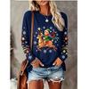 Women Long Sleeve T Shirt Christmas Elf Riding Reindeer Snowflake Ornament Print Crew Neck Casual Fall Tops
