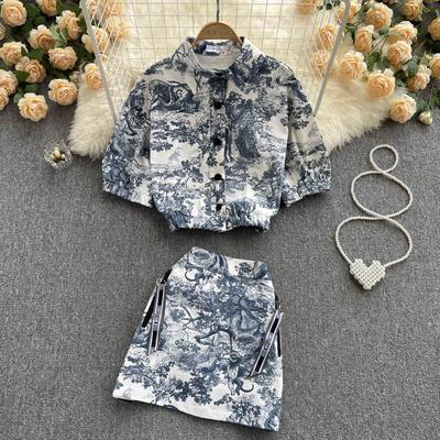 RUGOD Fashionable Temperament Suit Women's Tie-dye Printed Short Shirt High Waist A-line Skirt Western Style Two-piece Suit
