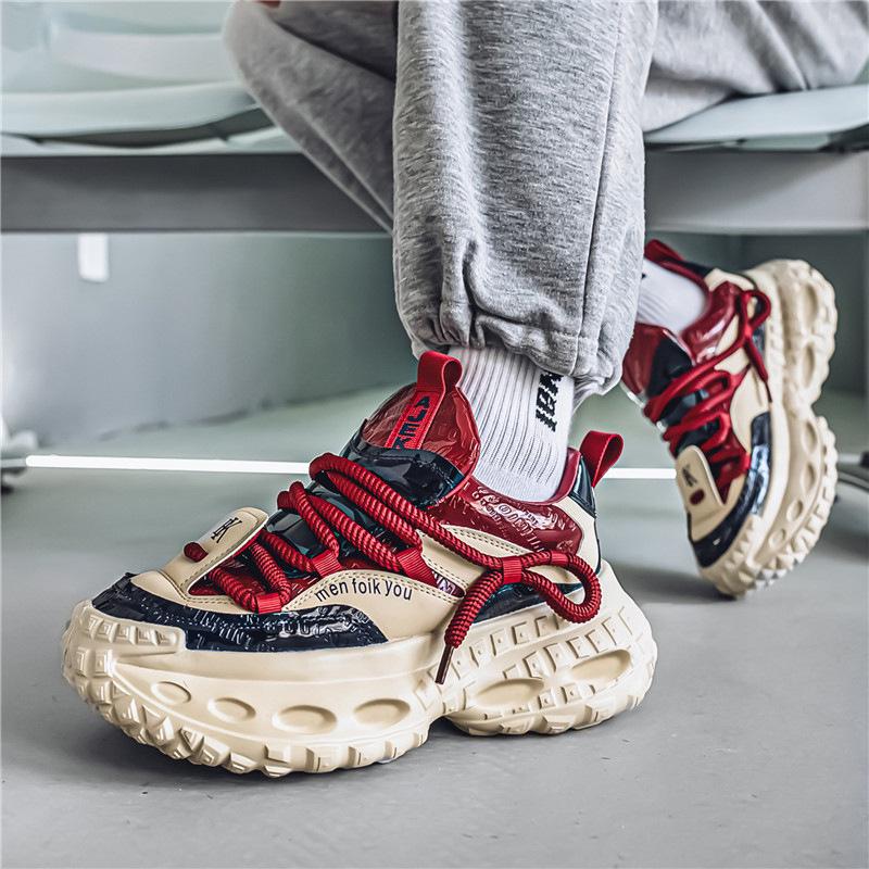 Men's Spring Low-Top Thick-Soled Height-Boost Dad Shoes Trendy Leather Casual Sneakers