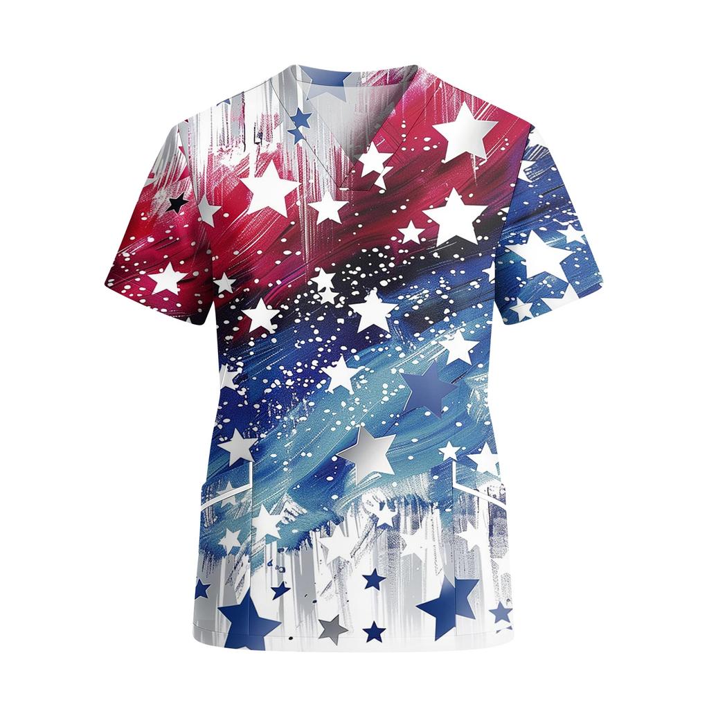 Women V Neck Short Sleeve Work Shirt with Pockets Independence Day Print Medical Uniform Top for Healthcare Professionals
