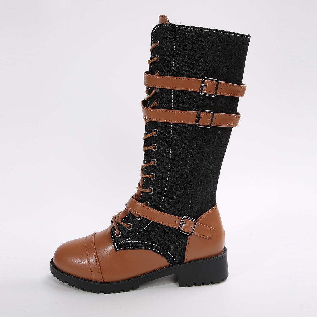

Chunky Harness Combat Boots for Women,Wide Calf Round Toe Lace Up Leather Mid Heel Boots for Fall 43