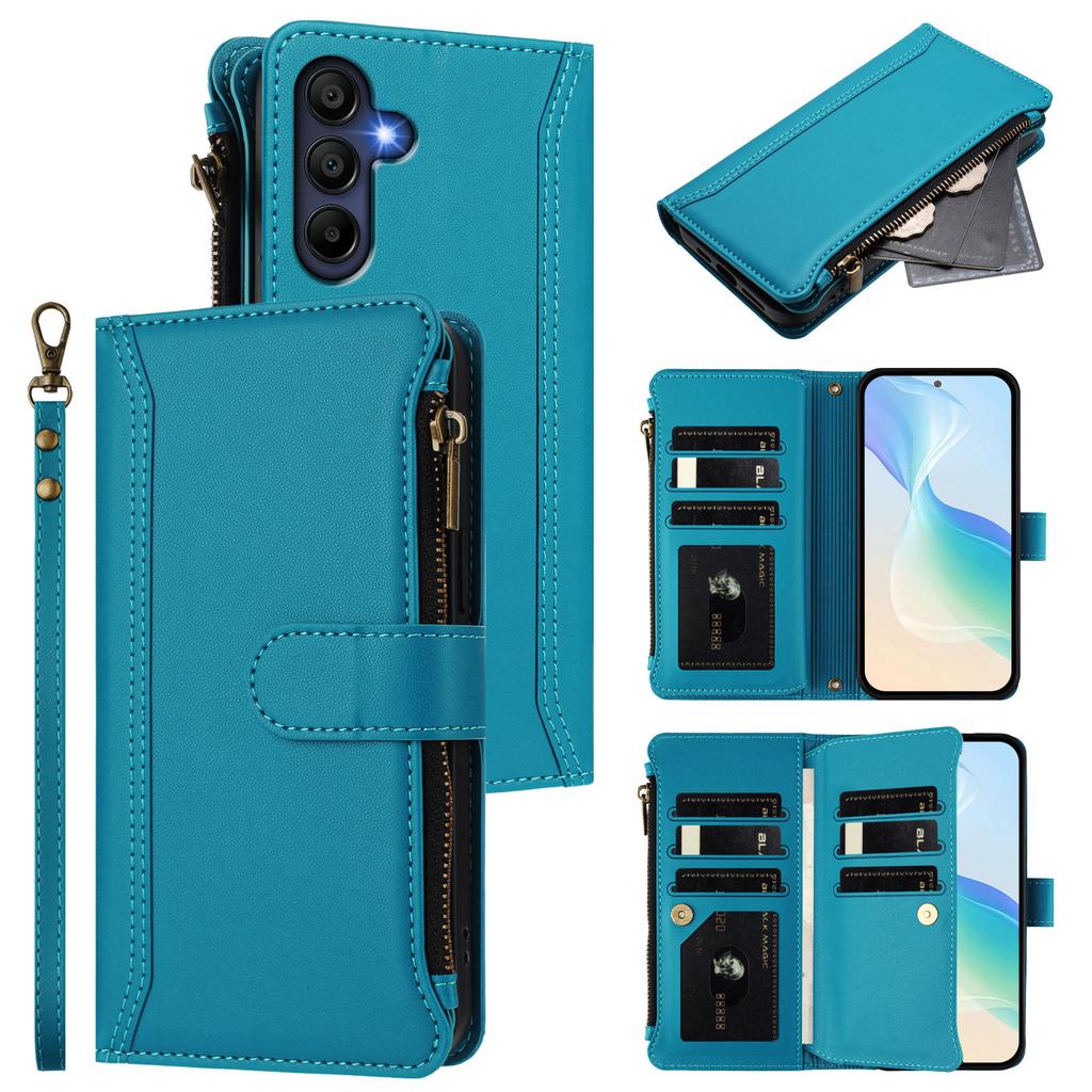 For Samsung Galaxy A26 5G Leather Case 9 Card Slots Zipper Wallet Stand Phone Cover with Wrist Strap