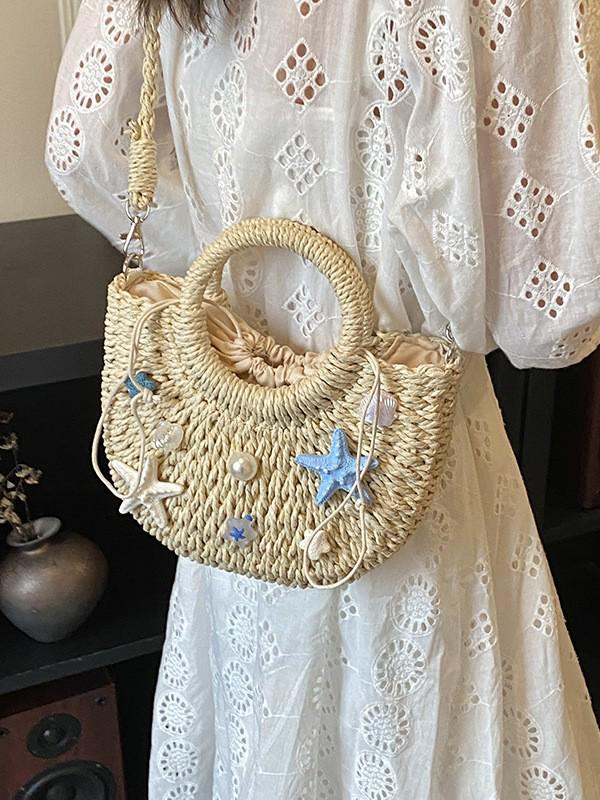 Island Resort Starfish & Shell Handwoven Straw Crossbody Bag