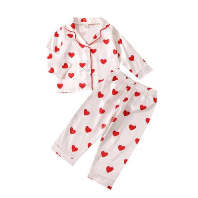 Kid Girl Pajamas 1T 2T 3T 4T 5T 6T 7T Long Sleeve Lapel Neck Buttons Heart Print Tops Sleeping Home Straight Pants