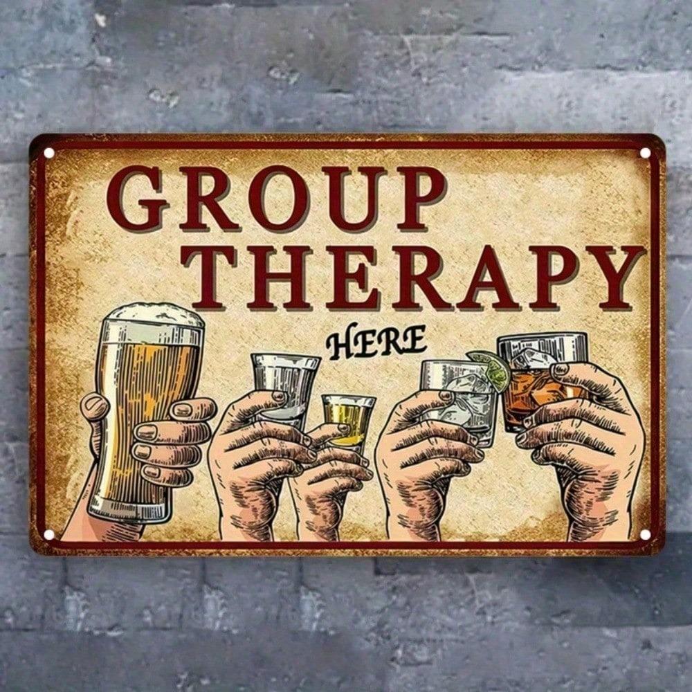 1PC Vintage Group Therapy Tin Sign, Funny Retro Bar Wall Art with Raised Glasses, Humorous Metal Plaque for Man Cave