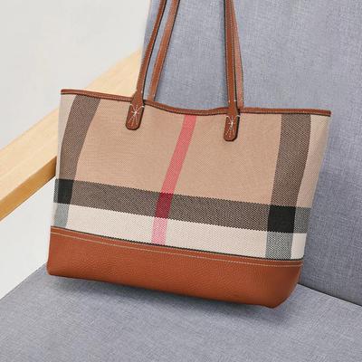 Sac à main en cuir véritable pour femme, tendance et décontracté, grande capacité, en toile à carreaux, haut de gamme, fourre-tout