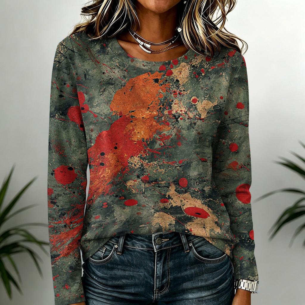 Women's Casual Round Neck Long Sleeve Top with Halloween Print for Festive Occasions