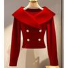 2026 Autumn/Winter French Chic White Lapel Knitwear: Women's Elegant, Waist-Cinched Slimming Sweater.