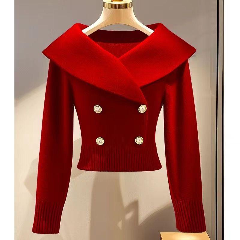 2026 Autumn/Winter French Chic White Lapel Knitwear: Women's Elegant, Waist-Cinched Slimming Sweater.
